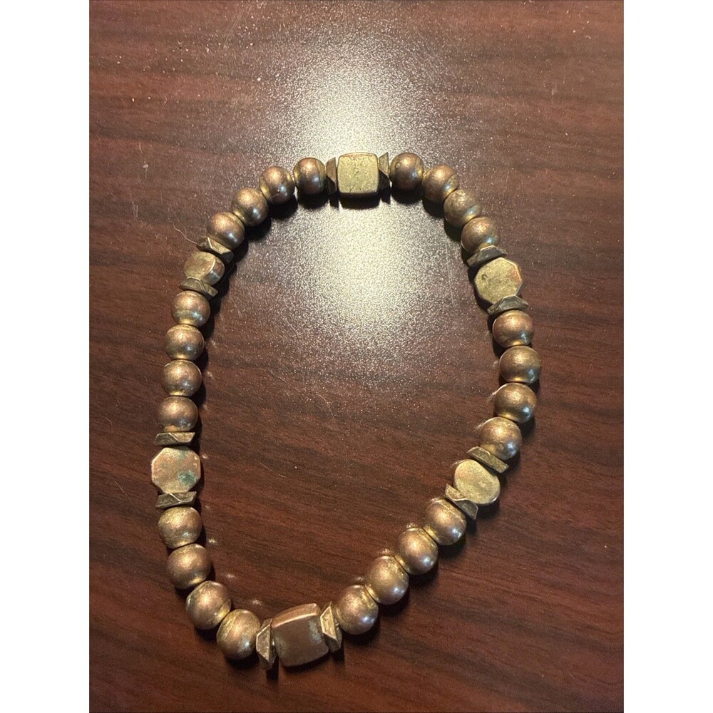Vintage Copper Tone Beaded Stretch Bracelet – Rustic Patina, Retro Boho Style